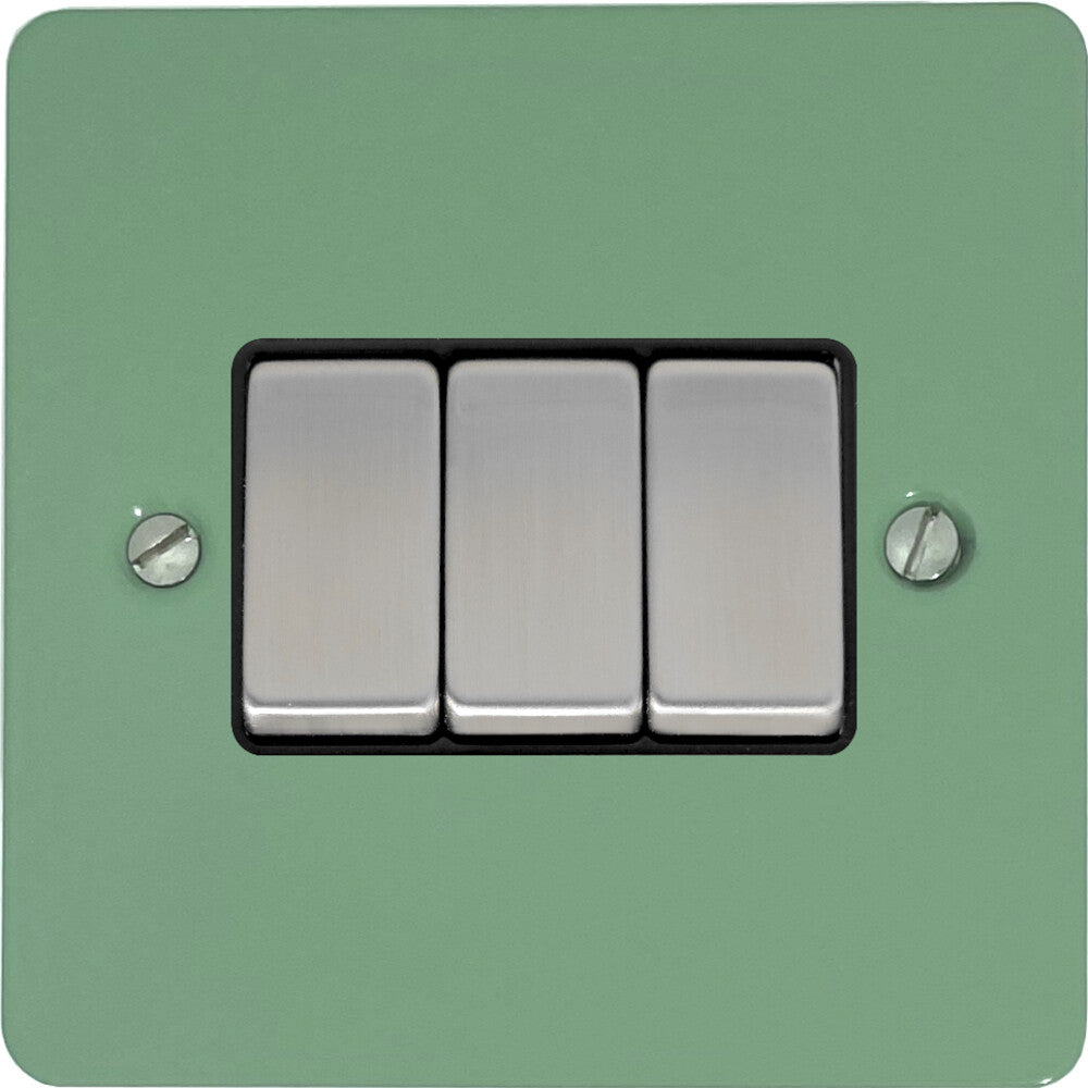 Flat Sage Green 3 Gang Switch (Satin Chrome Switches/Black Inserts)