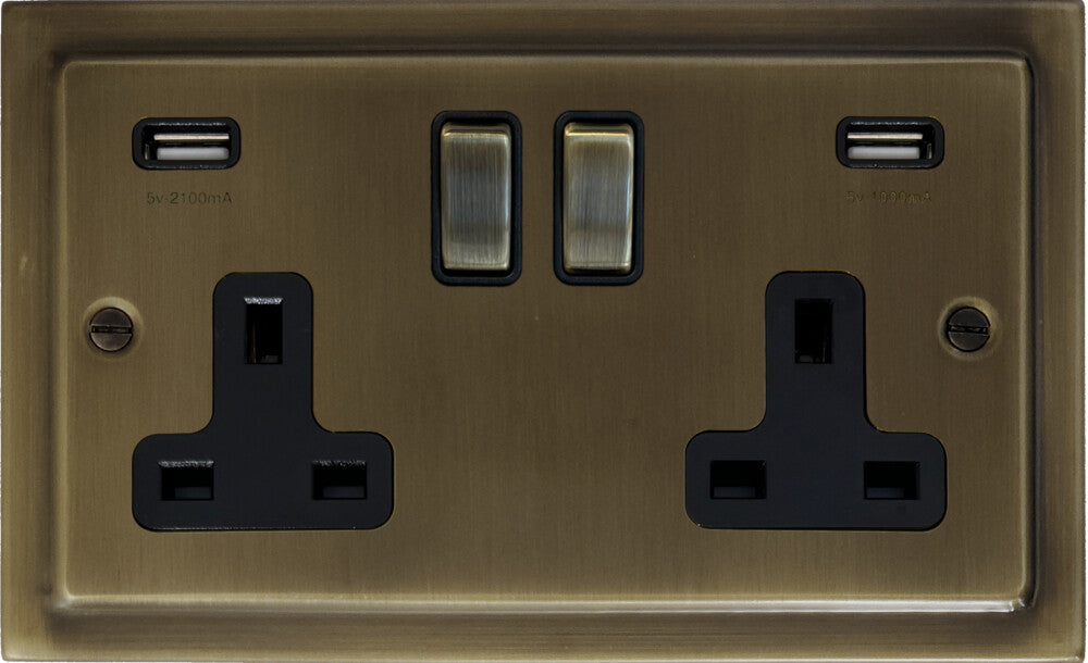 Victorian Antique Brass 2 Gang USB Socket (Brass Switches)