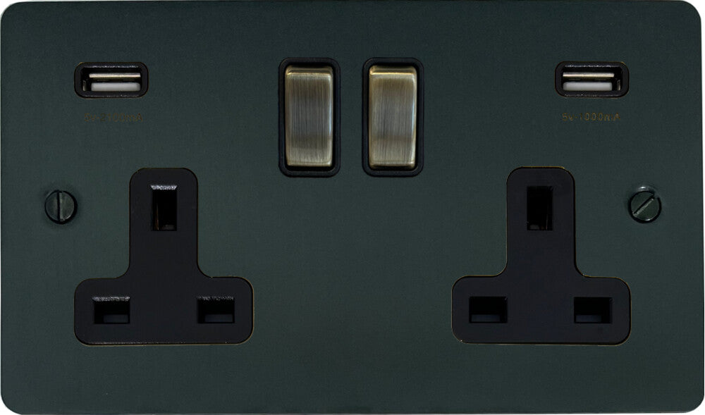 Flat Black Bronze 2 Gang Socket C/W USB