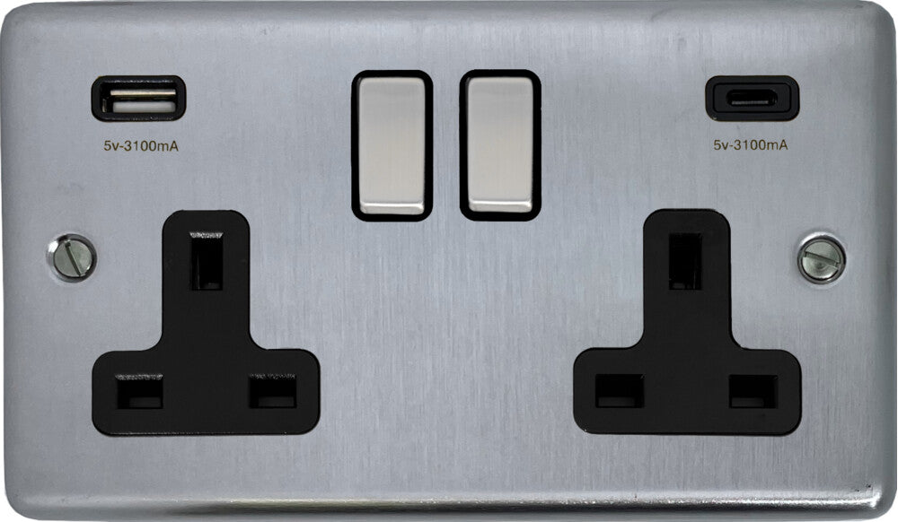 Contour Satin Chrome 2 Gang Socket C/W USBC Ports