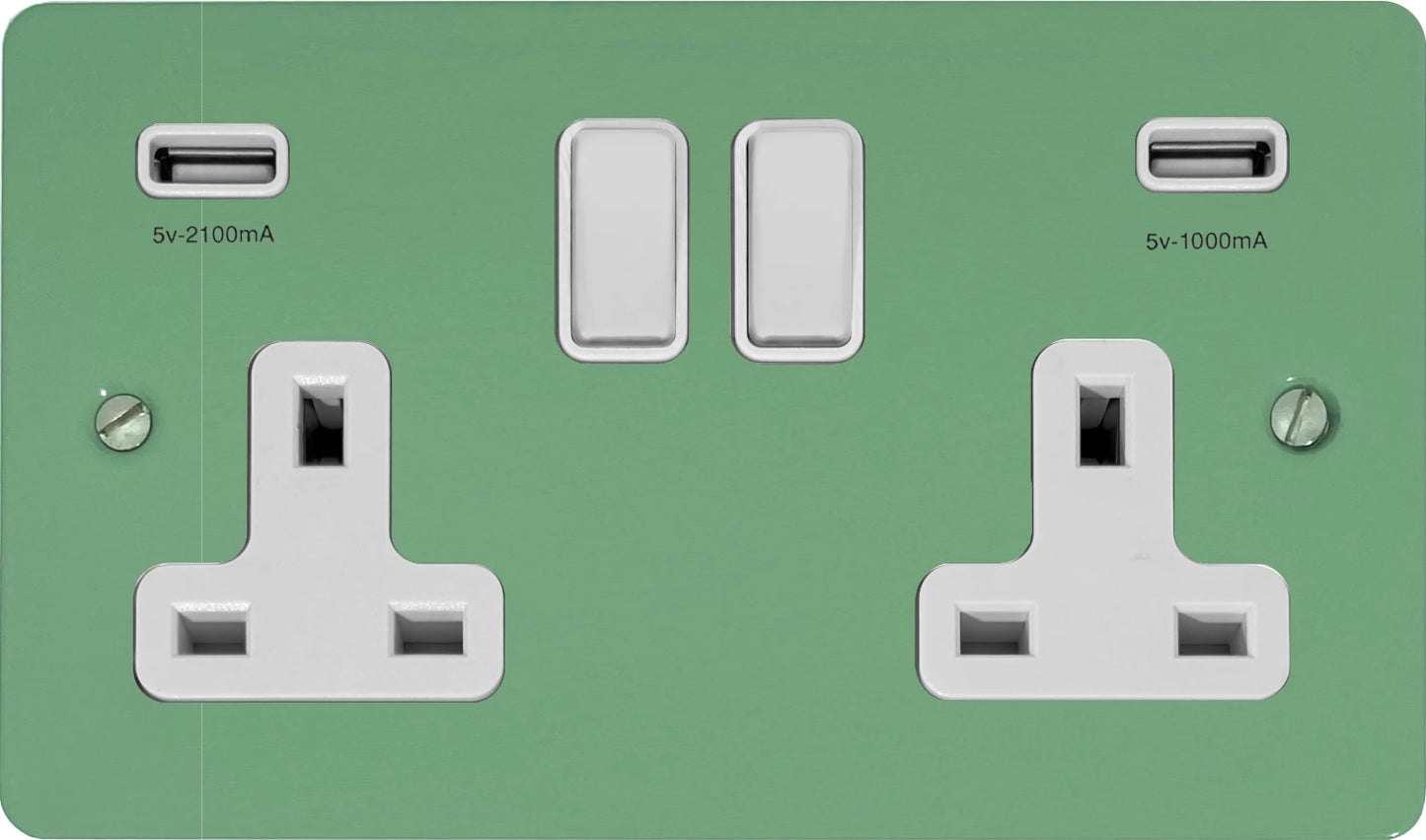 Flat Sage Green 2 Gang Socket with USB (White Switches)