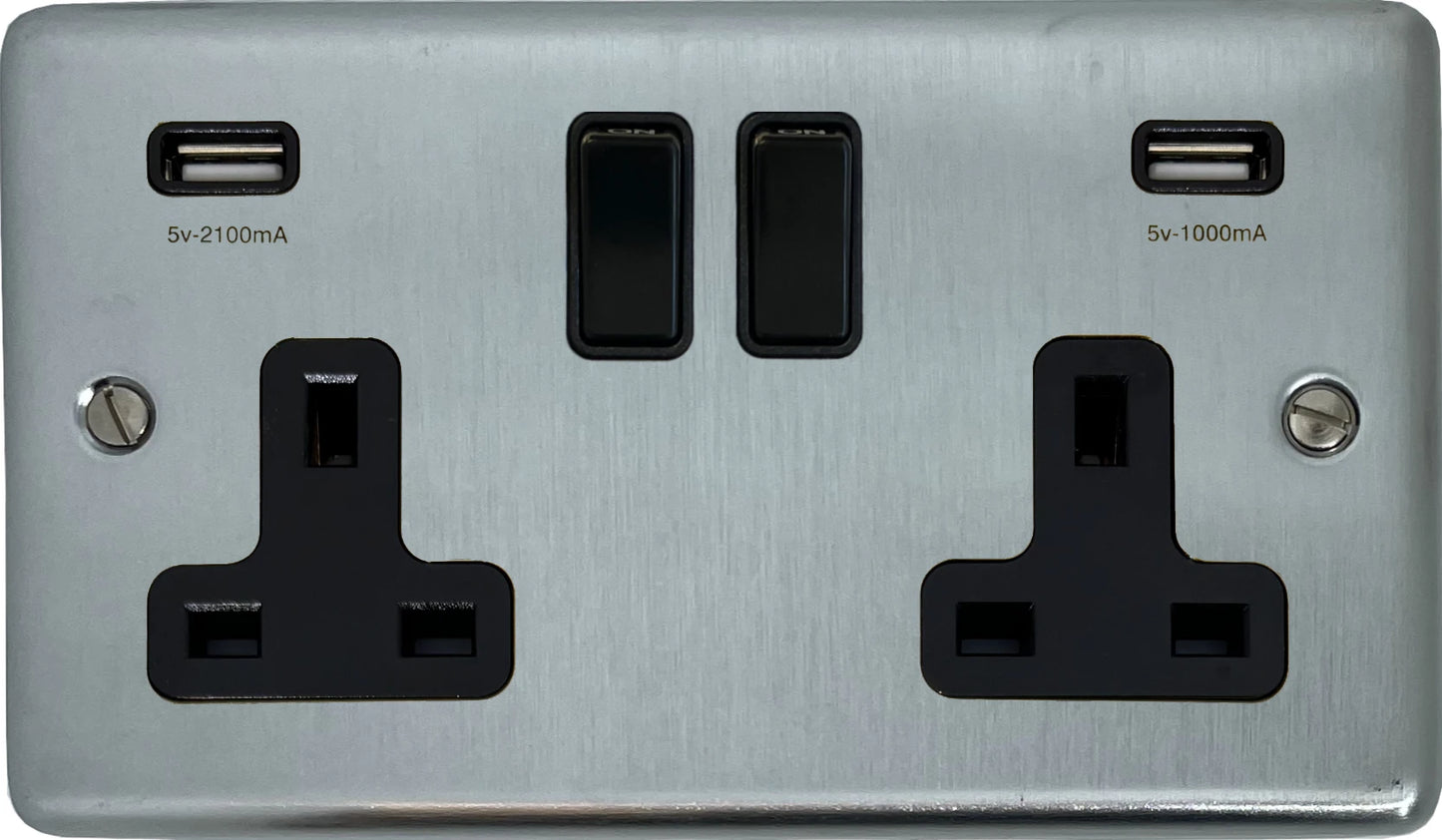 Contour Satin Chrome 2 Gang Socket with USB