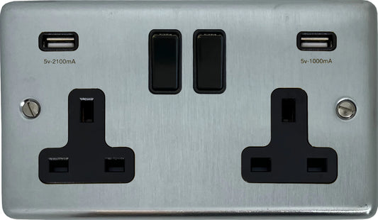 Contour Satin Chrome  2 Gang Socket with USB