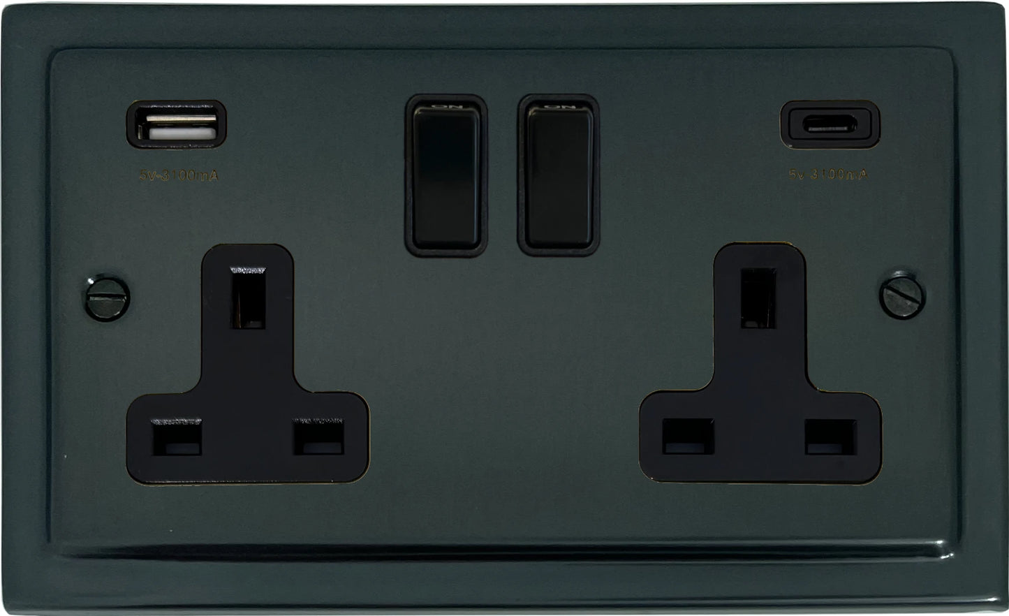 Victorian Black Bronze 2 Gang Socket with USBC