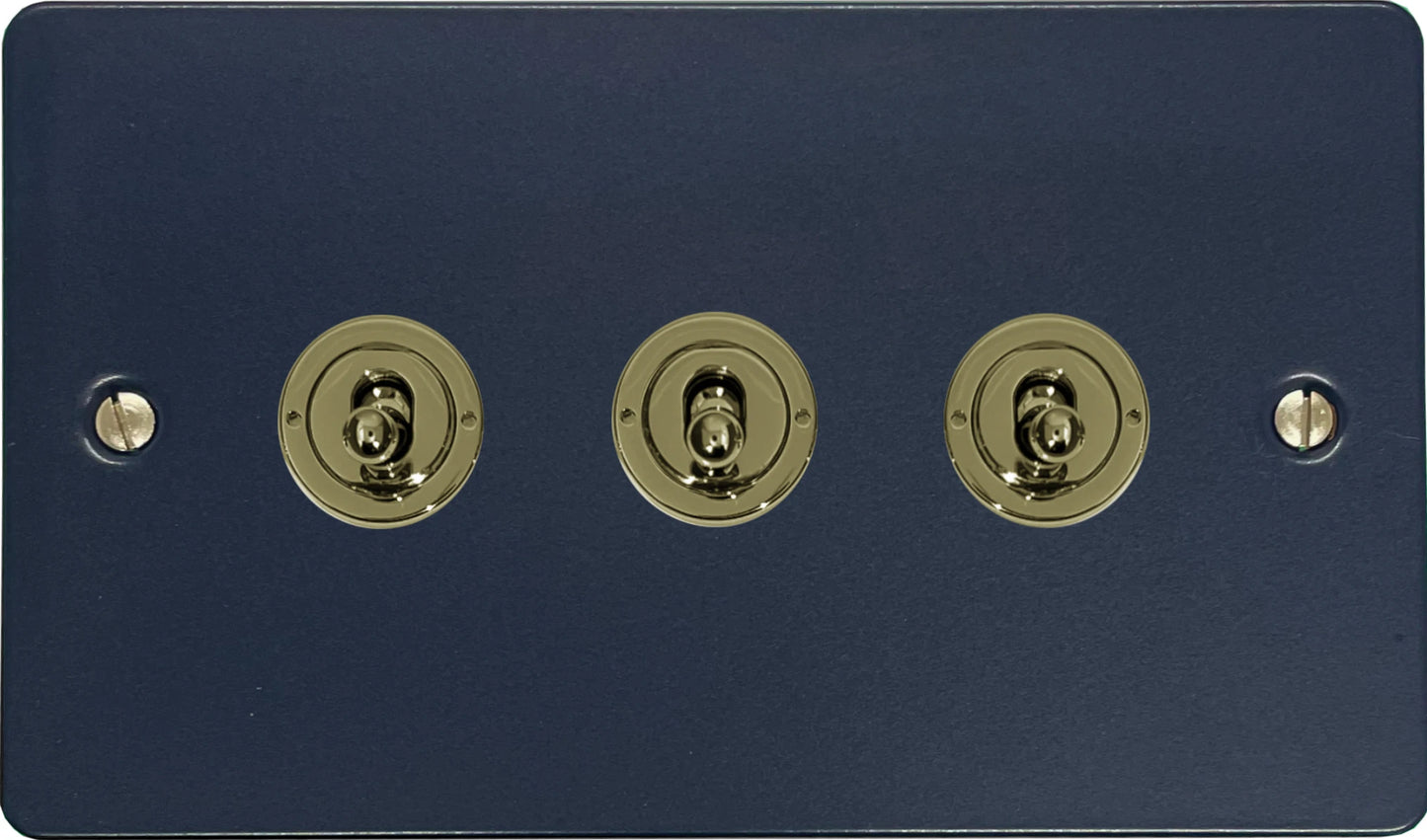 Flat Blue 3 Gang Toggle (Polished Brass Toggle)