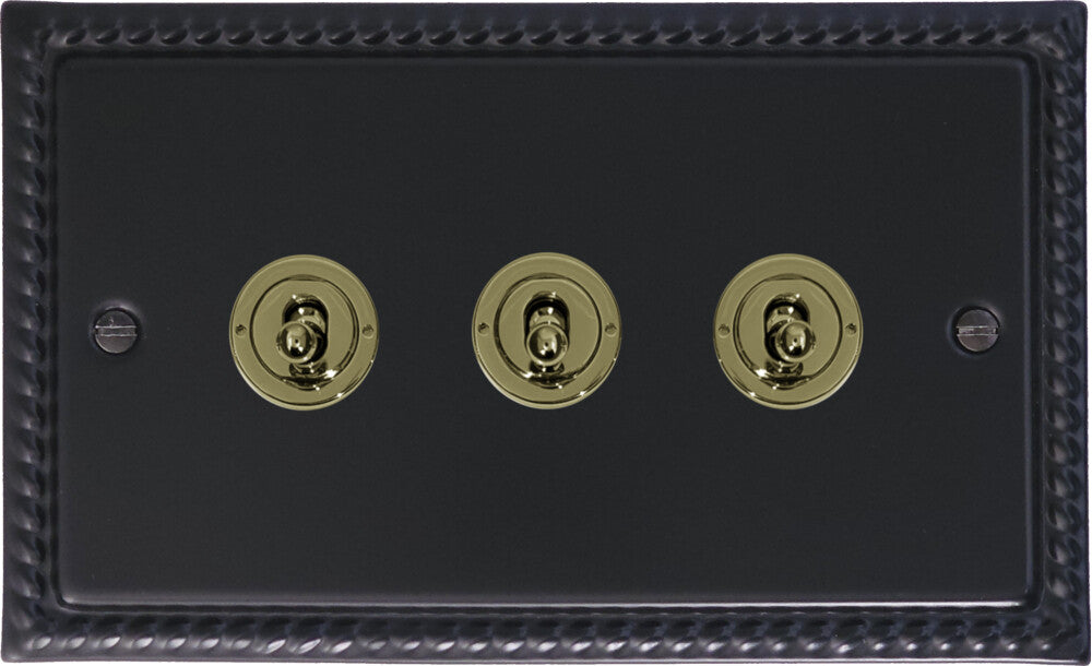 Georgian Flat Black 3 Gang Toggle Switch (Brass Toggles)
