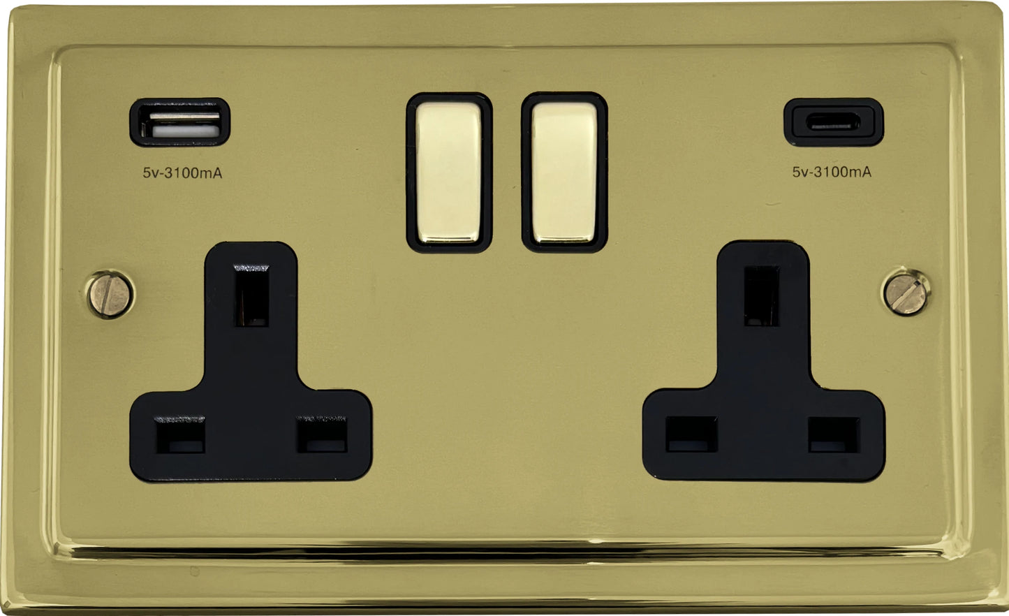 Victorian Unlacquered Brass 2 Gang Socket C/W USBC Port (Black Insert) - Victorian Cast range electrical socket