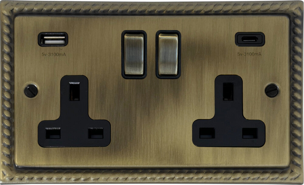 Georgian Light Antique Brass 2 Gang USBC Socket (Brass Switches)