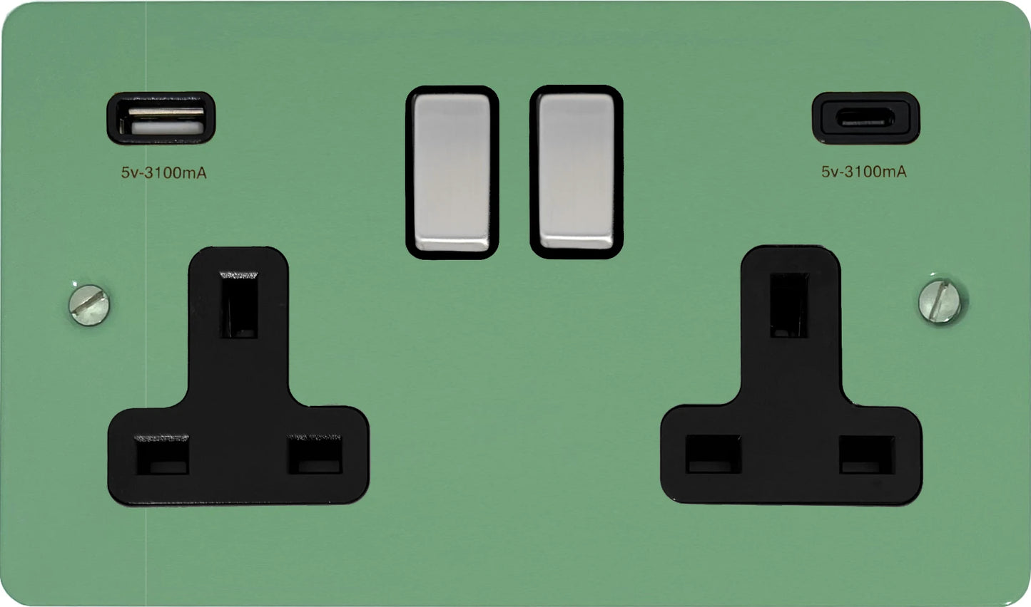 Flat Sage Green 2 Gang Socket with USBC (Satin Chrome Switch/Black Insert)