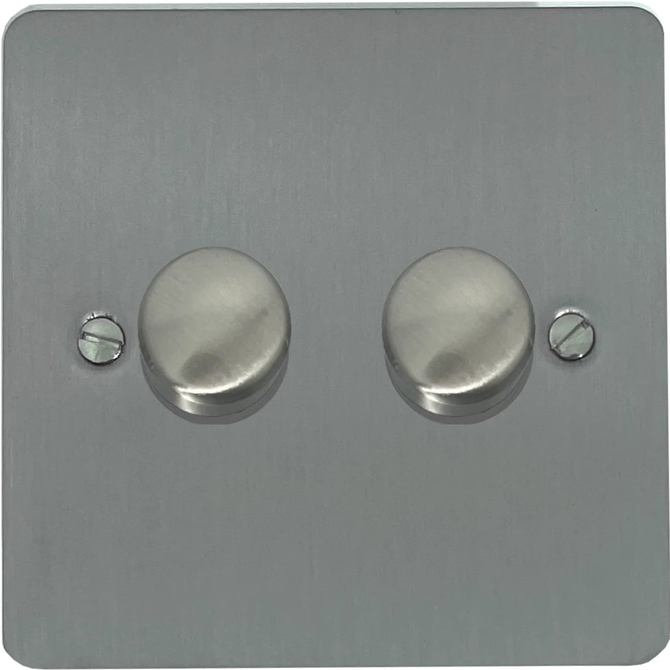 Flat Brushed Steel 2 Gang LED Dimmer