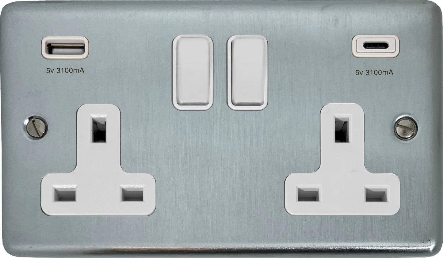 Contour Satin Chrome 2 Gang Socket C/W USBC Ports
