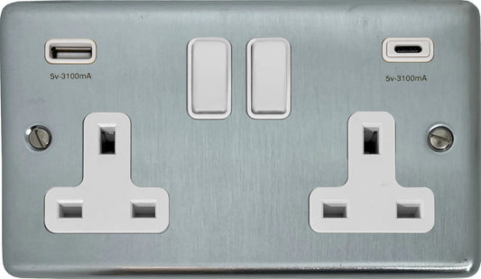Contour Satin Chrome 2 Gang Socket C/W USBC Ports