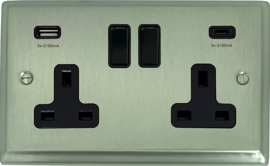 Deco  Satin Nickel 2 Gang Socket with USBC