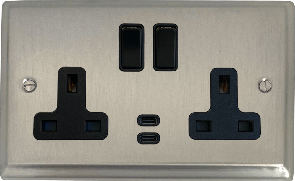 Deco Satin Nickel 2 Gang Socket with USBC