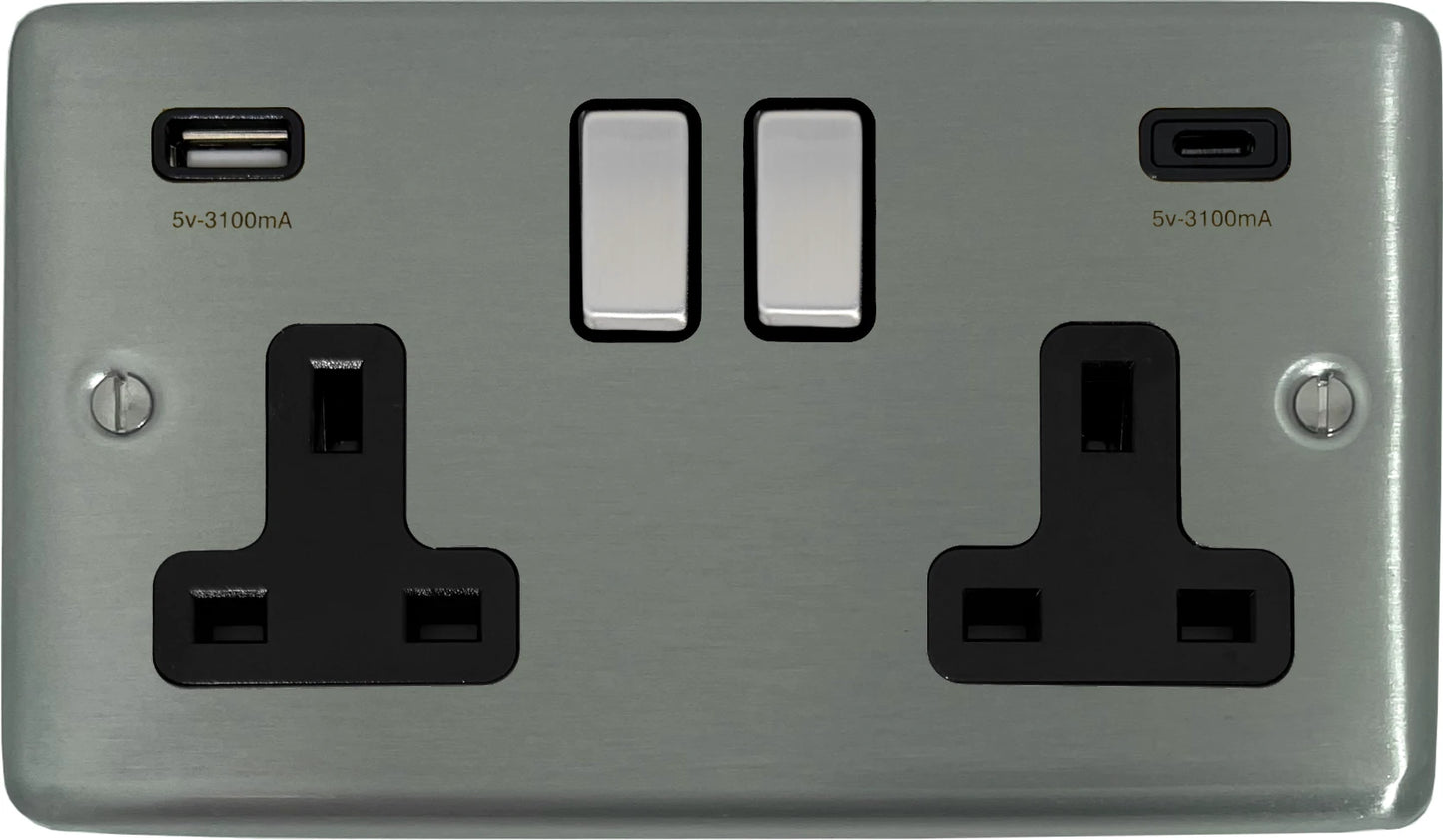 Contour Brushed Steel 2 Gang Socket + USBC
