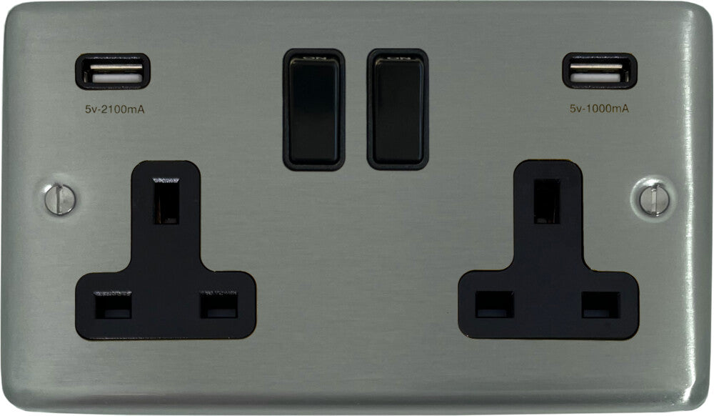 Contour Brushed Steel 2 Gang Socket with USB