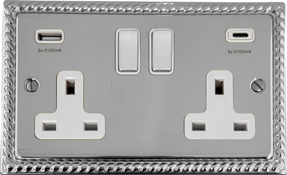 Georgian Polished Chrome 2 Gang Socket C/W USBC Ports
