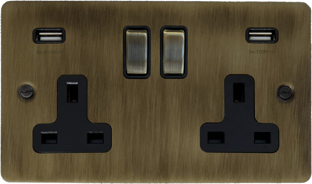 Flat Antique Brass 2 Gang USB Socket with USB (Brass Switches)