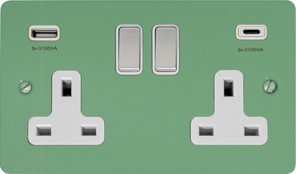 Flat Sage Green 2 Gang Socket with USBC (Satin Chrome Switches/White Inserts)