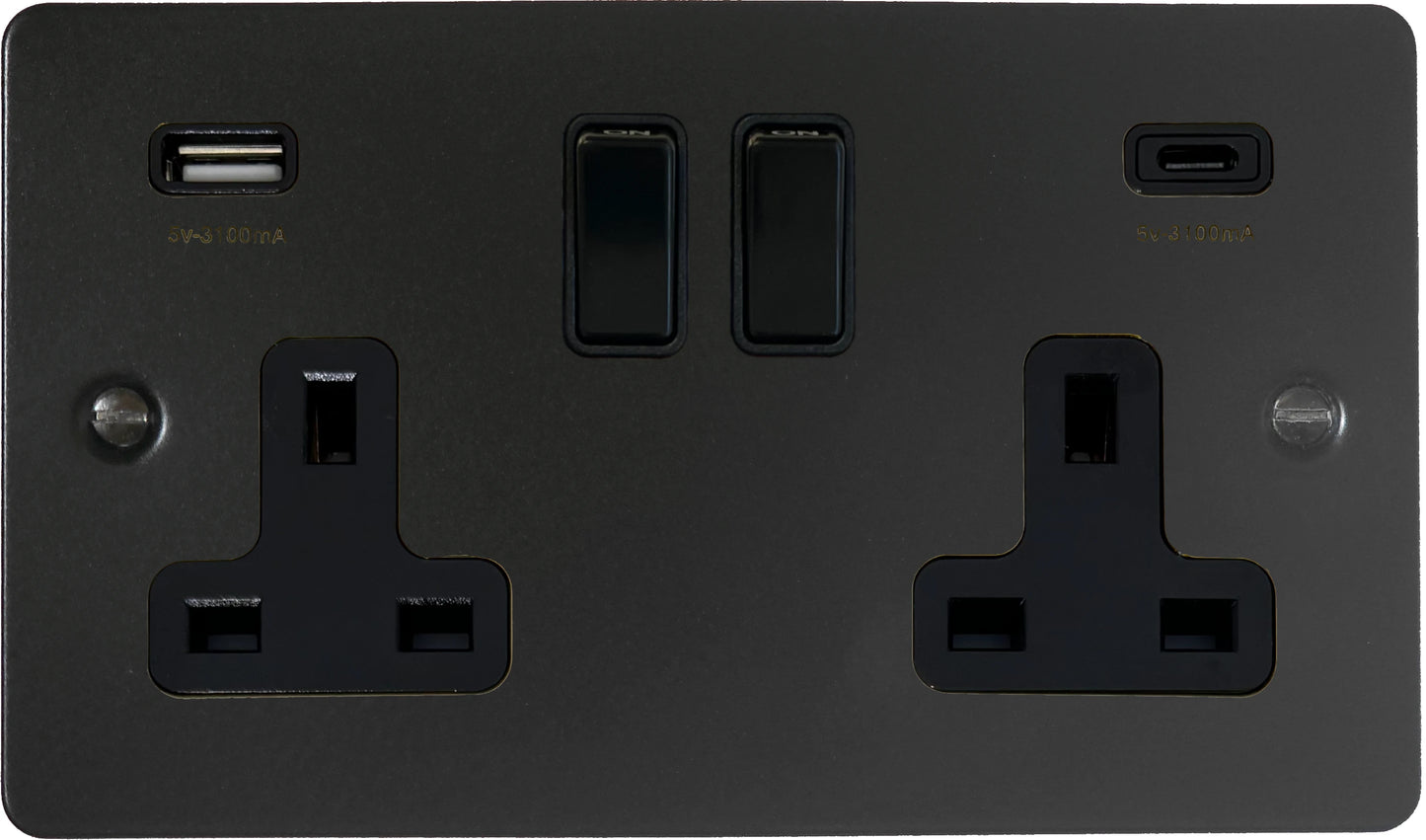 Flat Black 2 Gang Socket with USB (Black Switches) (A+C)