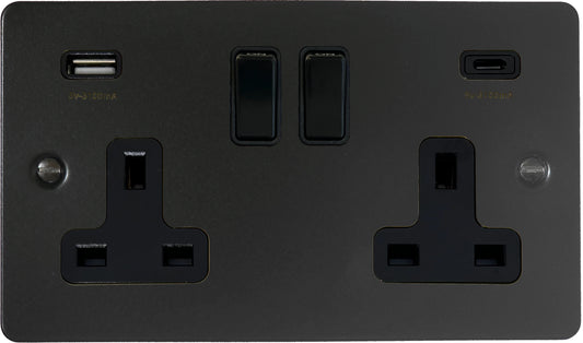 Flat Black 2 Gang Socket with USB (Black Switches) (A+C)