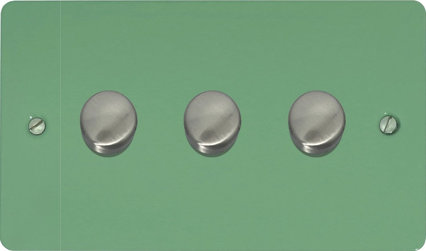 Flat Sage Green 3 Gang LED Dimmer (Satin Chrome Caps)
