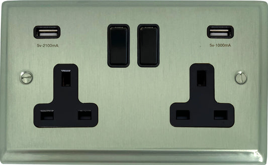 Deco  Satin Nickel 2 Gang Socket with USB
