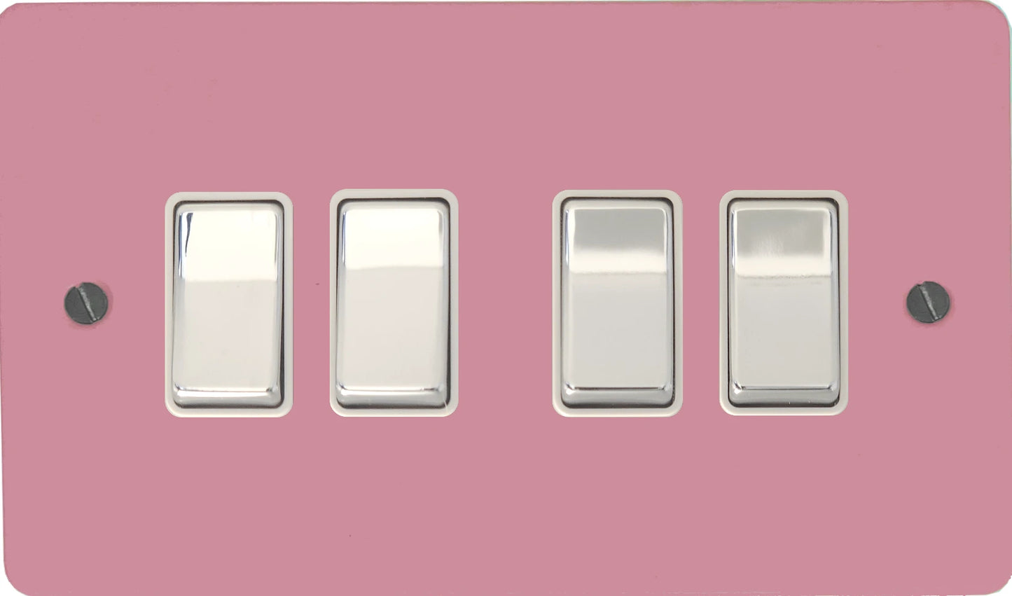Flat Gloss Pink 4 Gang Switch (Polished Chrome Switches/White Inserts)