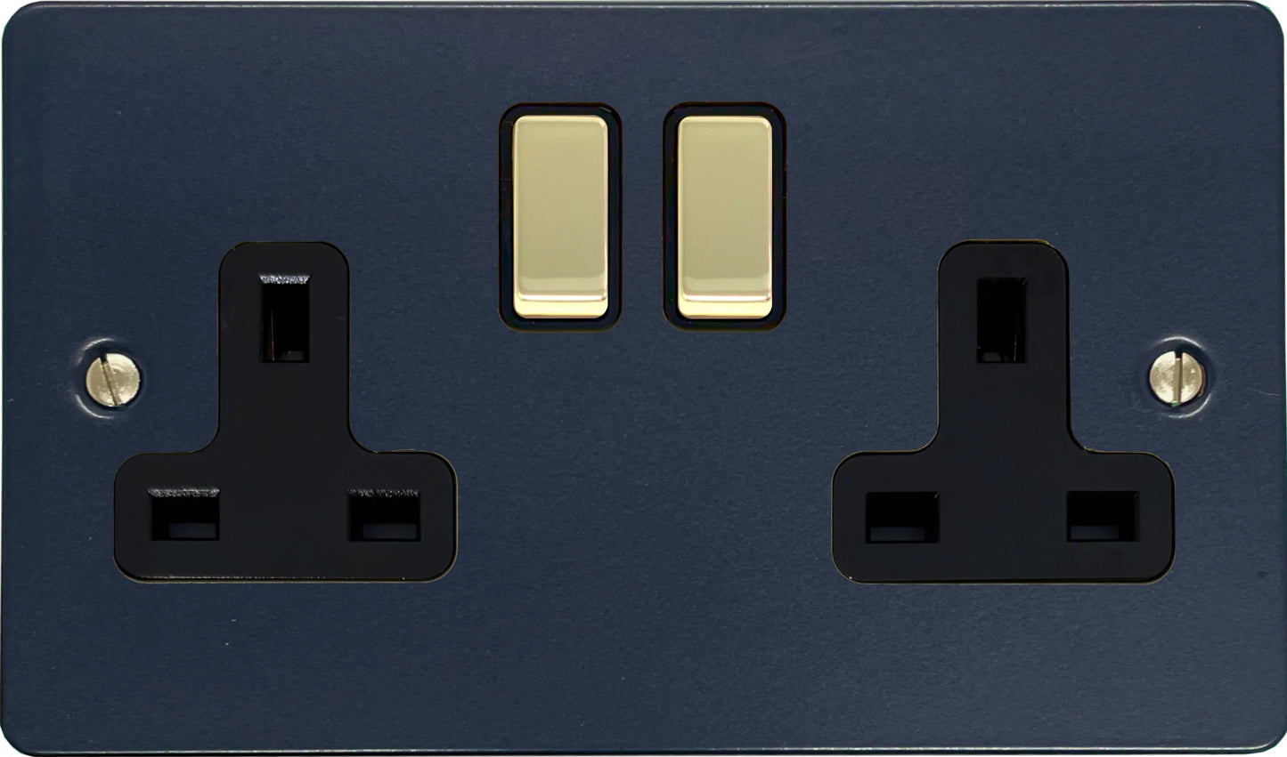 Flat Blue 2 Gang Socket (Polished Brass Switches/Black Inserts)