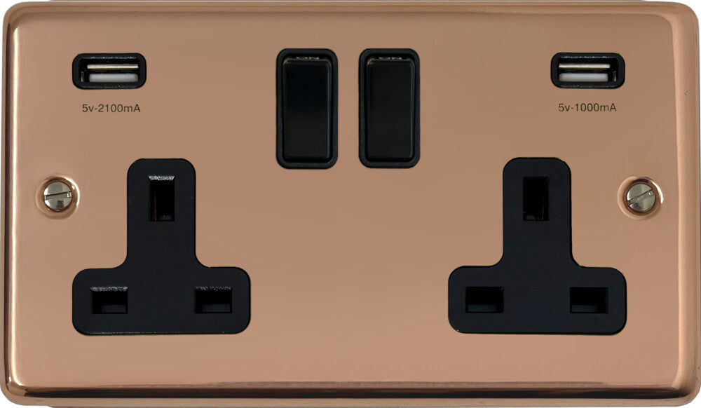 Contour Bright Copper 2 Gang Socket with USB