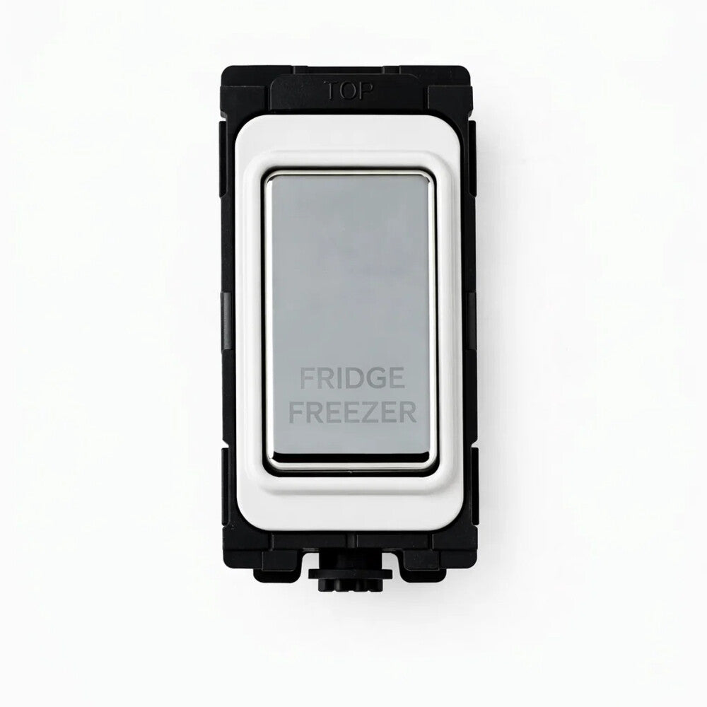 20A DPole Switch - Engraved with Fridge Freezer (White + Polished Chrome Switch)