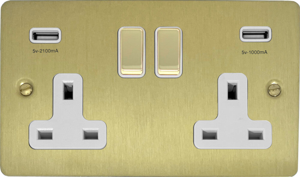 Flat Satin Brass 2 Gang Socket C/W Usb Ports