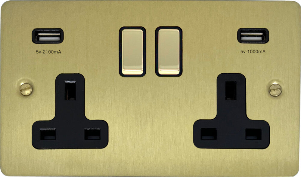 Flat Satin Brass 2 Gang Socket C/W Usb Ports