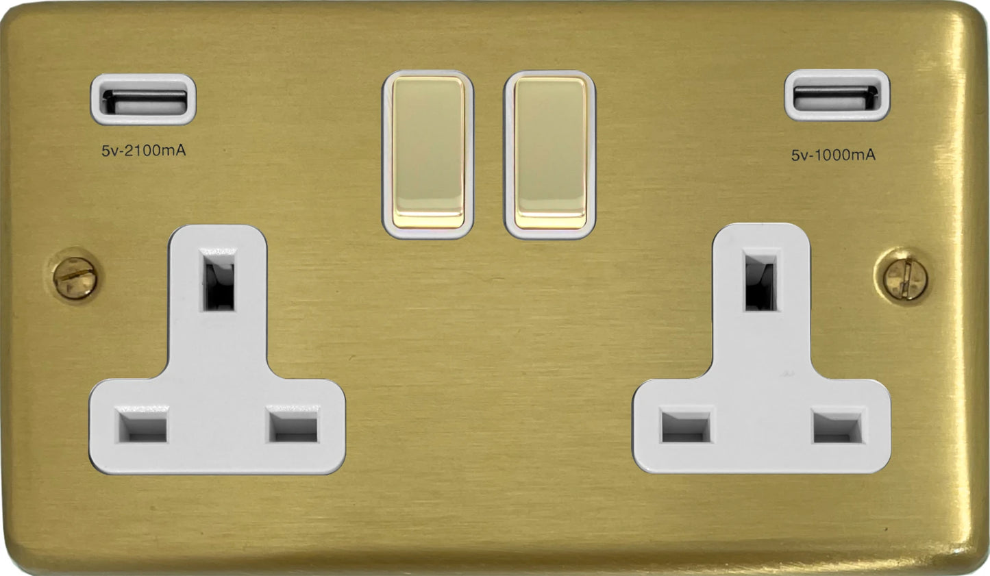 Contour Satin Brass 2 Gang Socket C/W Usb Ports