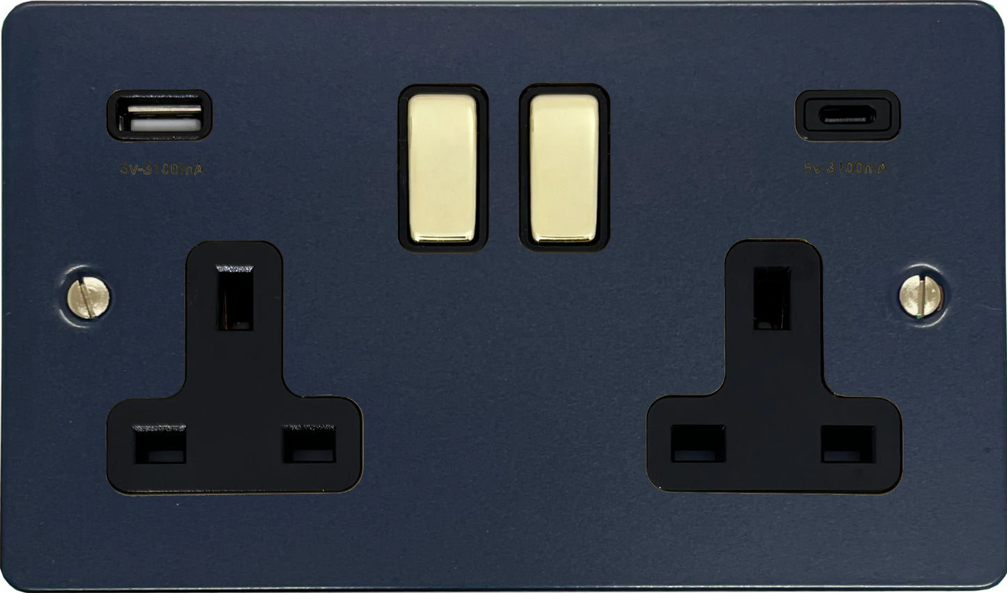 Flat Blue 2 Gang Socket with USBC (Polished Brass Switches/Black Inserts)