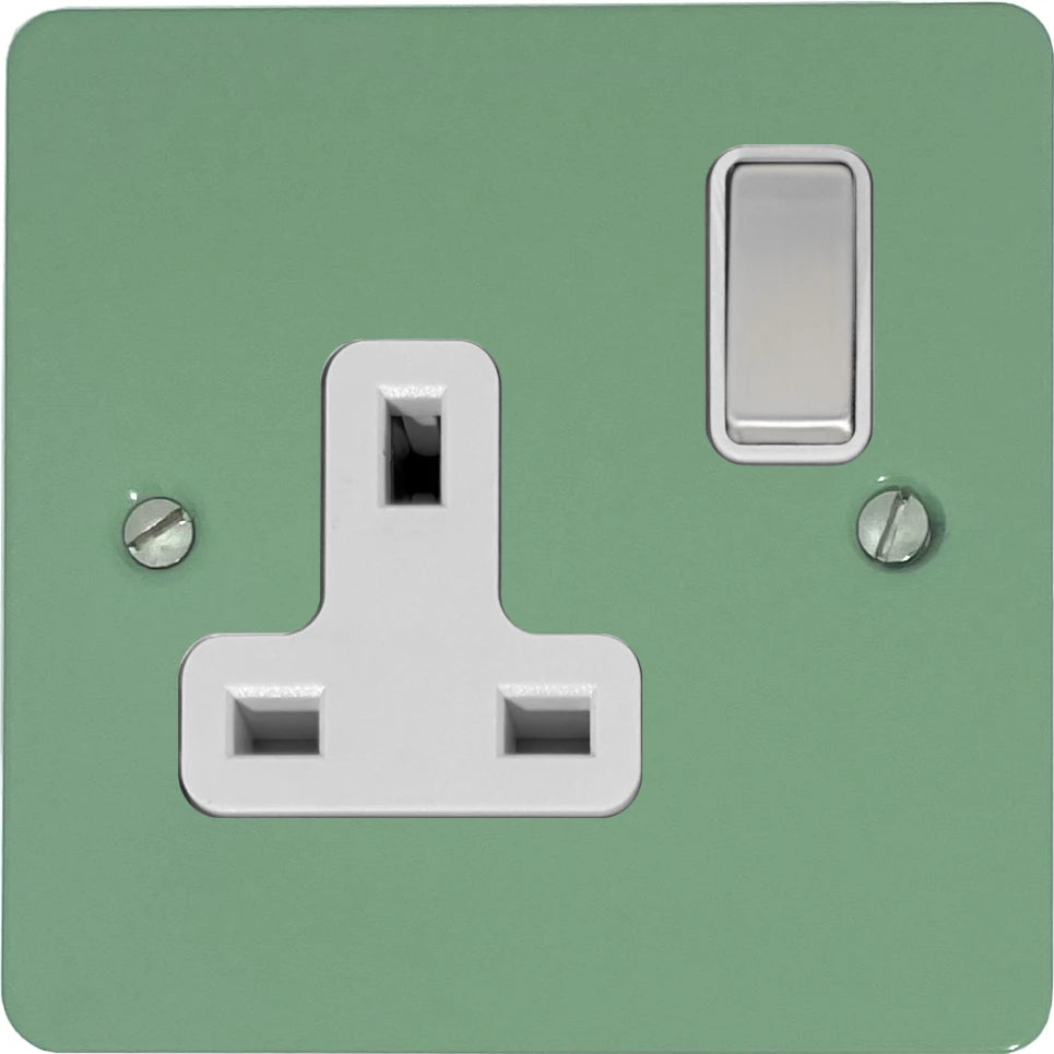 Flat Sage Green 1 Gang Socket (Satin Chrome Switch/White Insert)