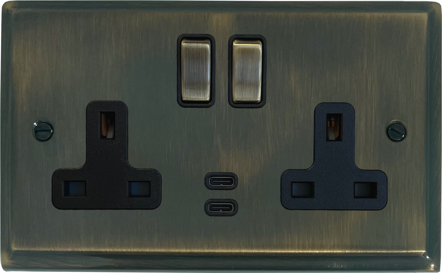 Deco Antique Brass 2 Gang USBC Socket (Brass Switches)