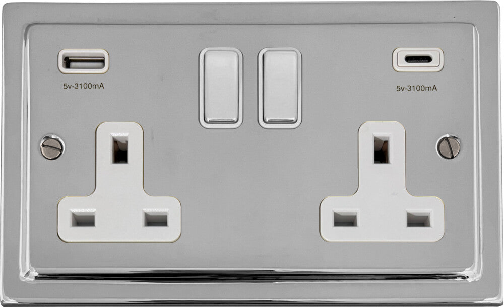 Victorian Polished Chrome 2 Gang Socket C/W USBC Ports
