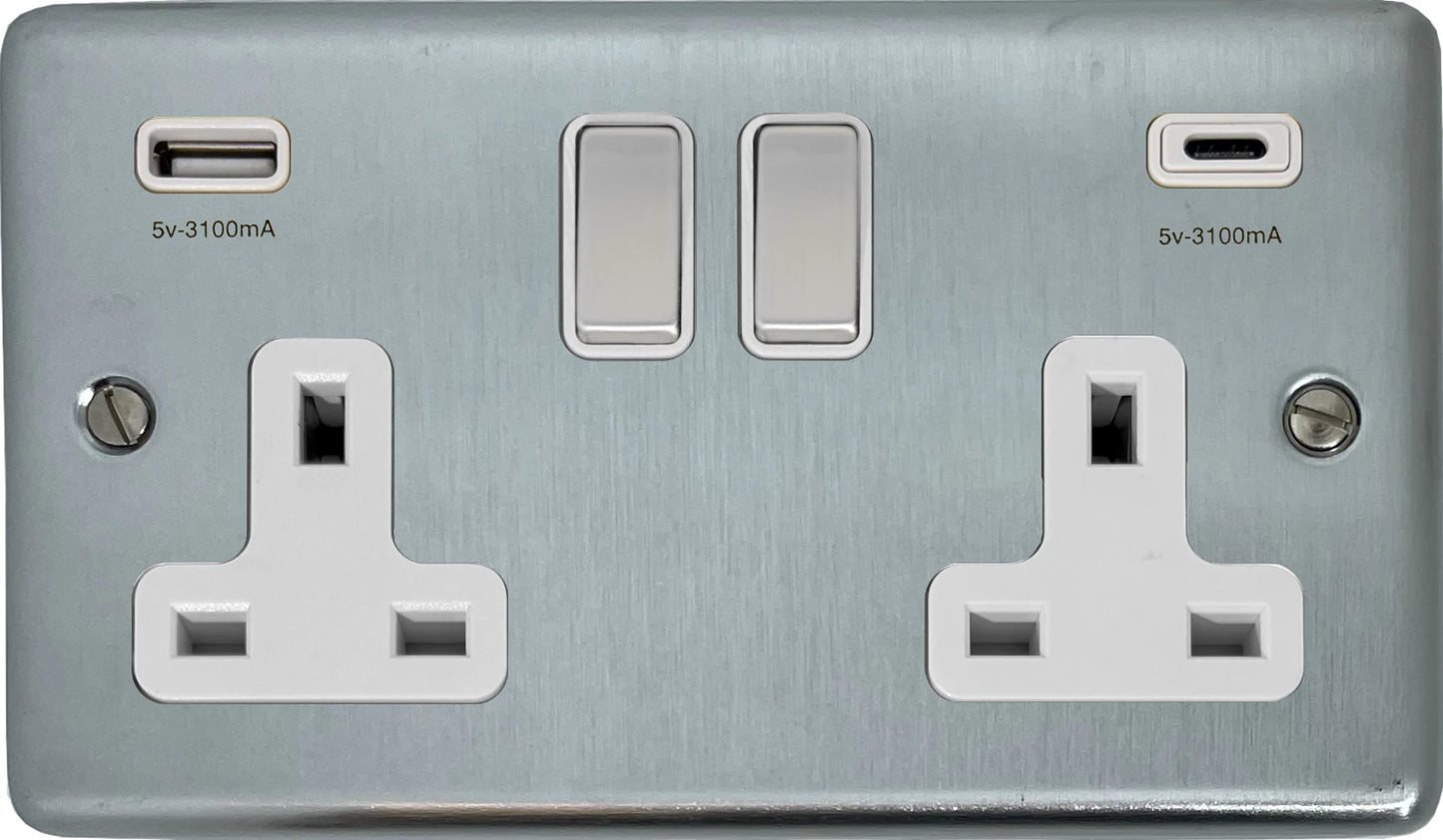 Contour Satin Chrome 2 Gang Socket C/W USBC Ports