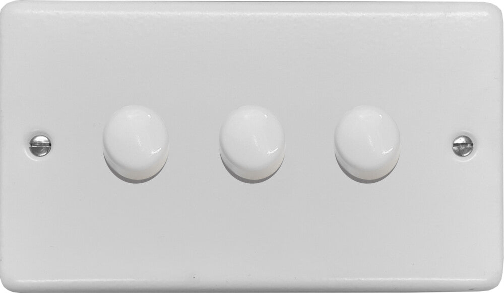 Contour Flat White 3 Gang Dimmer LED - White Caps
