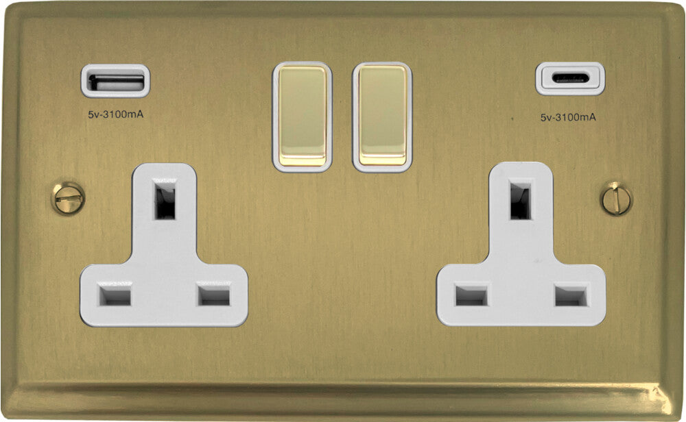 Deco Satin Brass 2 Gang Socket C/W USBC Ports