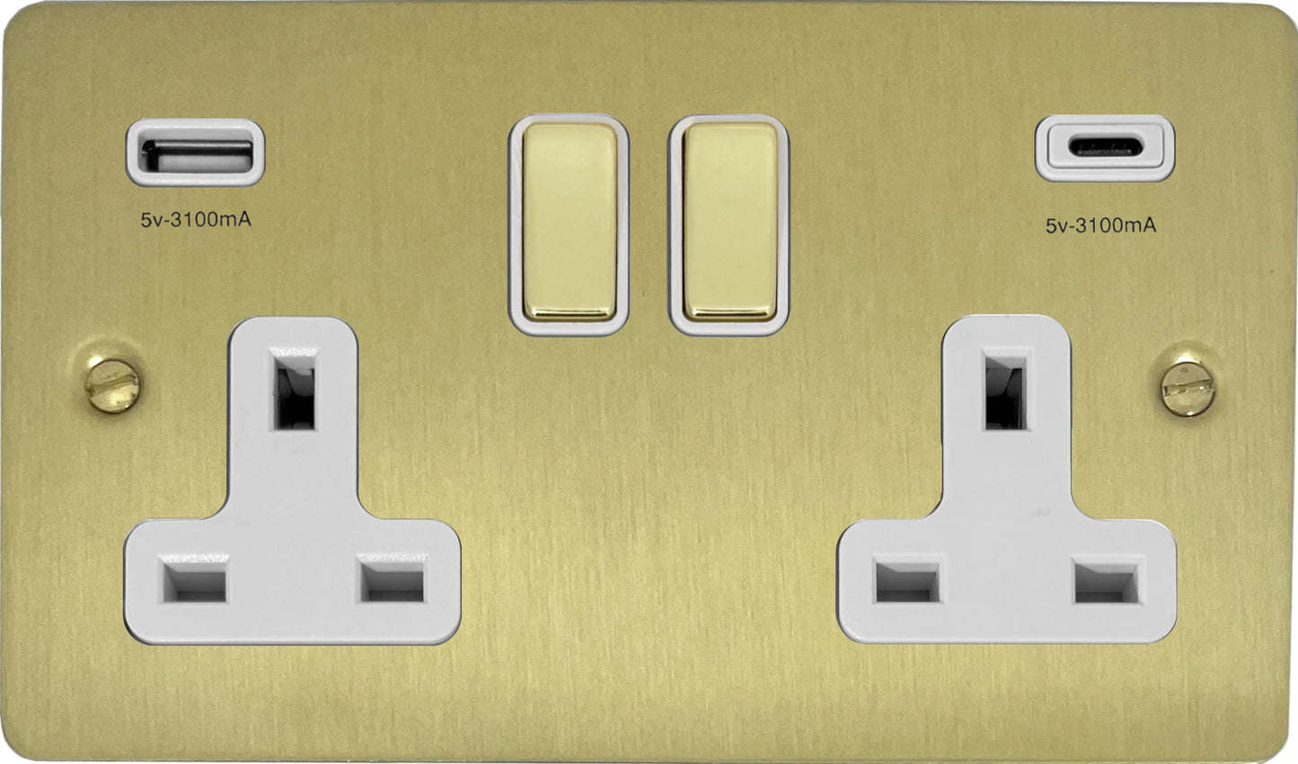 Flat Satin Brass 2 Gang Socket C/W USBC Ports