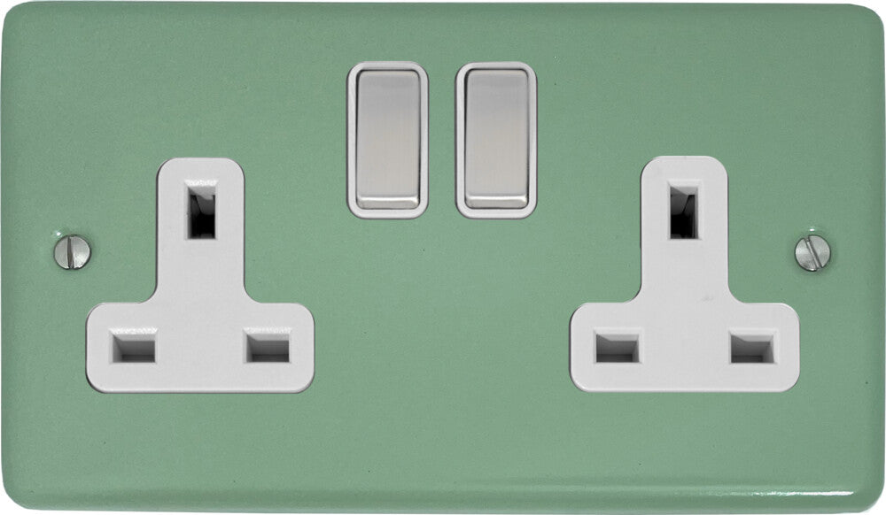 Classic Sage Green 2 Gang Socket (Satin Chrome Switch/White Insert)