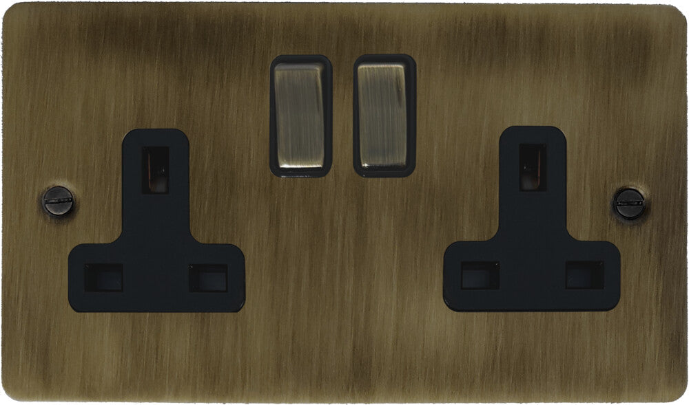 Flat Antique Brass 2 Gang Socket (Brass Switches)
