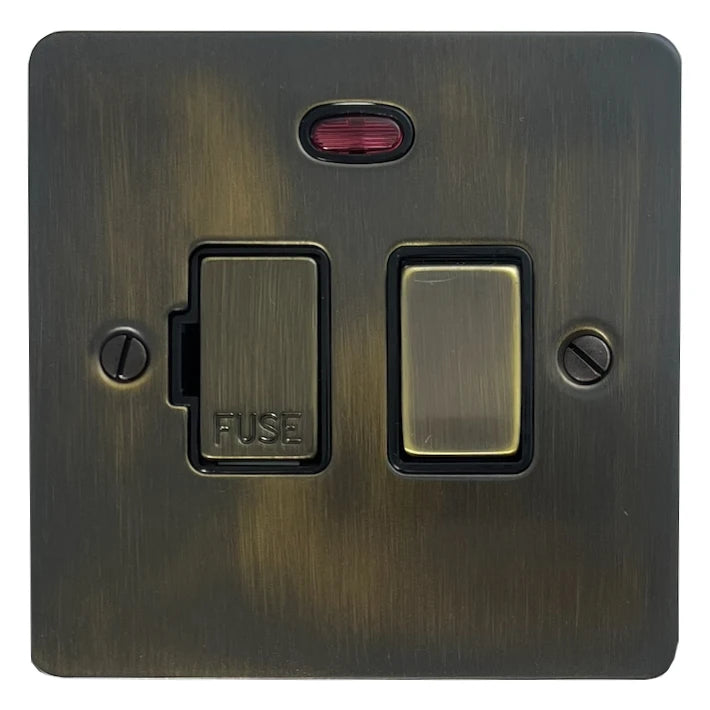 Flat Antique Brass Switched Fuse Spur with Neon (Brass Switch)