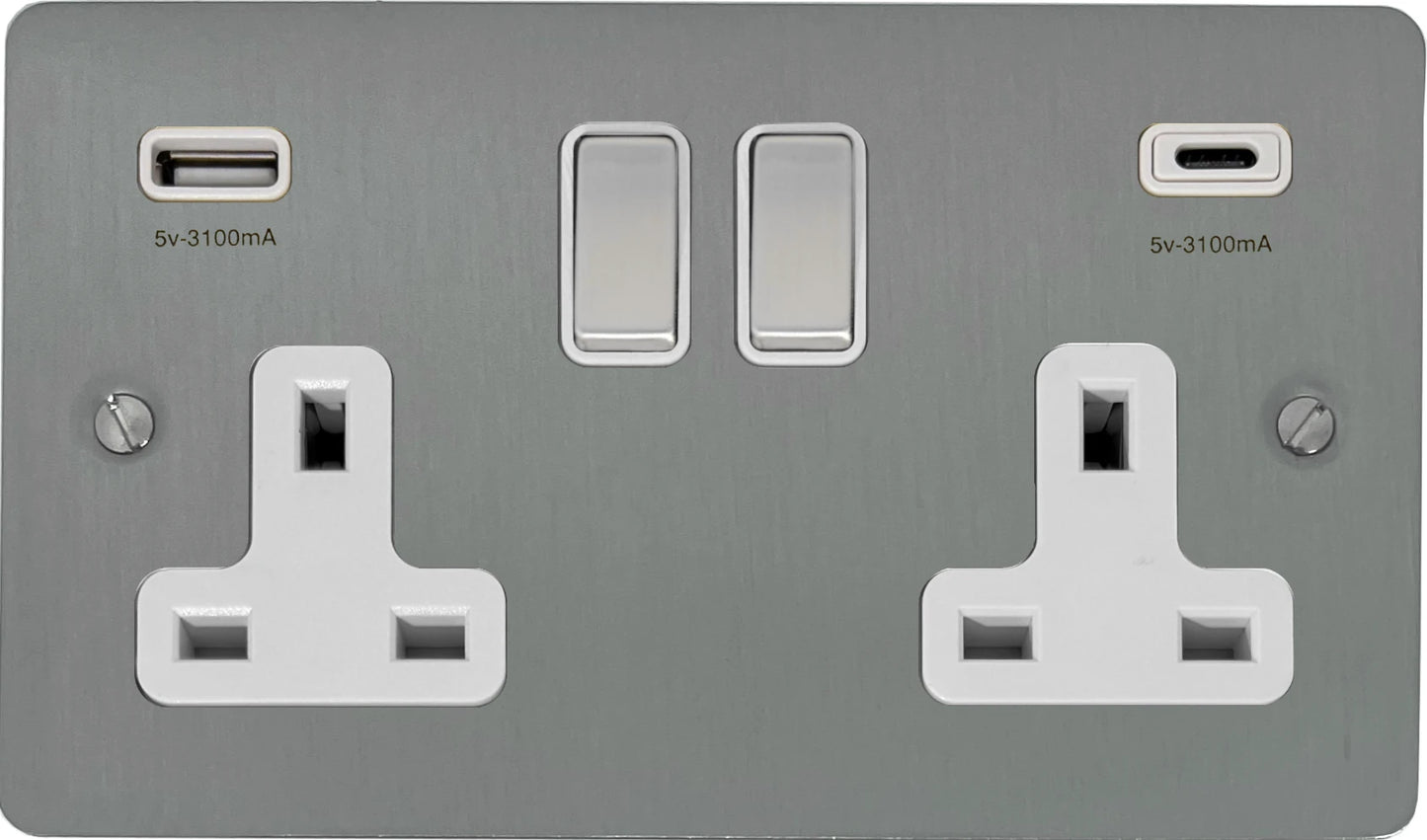 Flat Brushed Steel 2 Gang USBC Socket