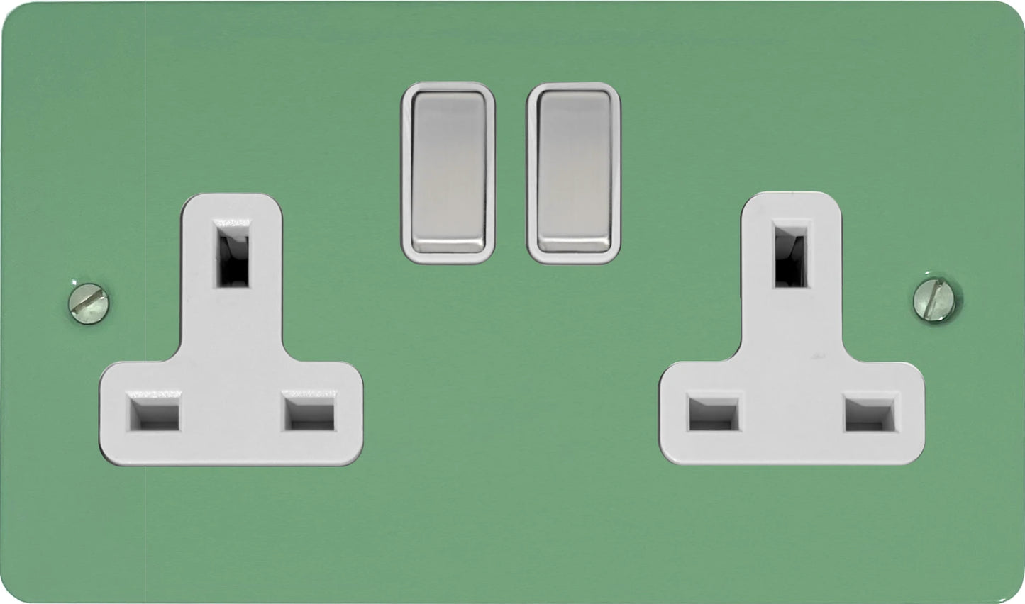 Flat Sage Green 2 Gang Socket (Satin Chrome Switches/White Inserts)