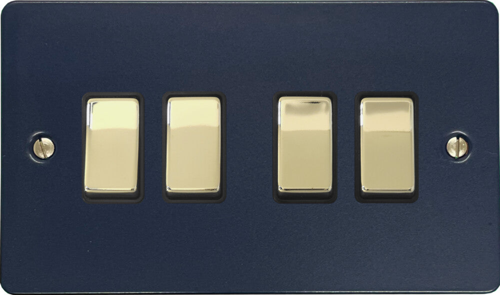 Flat Blue 4 Gang Switch (Polished Brass Switches/Black Inserts)