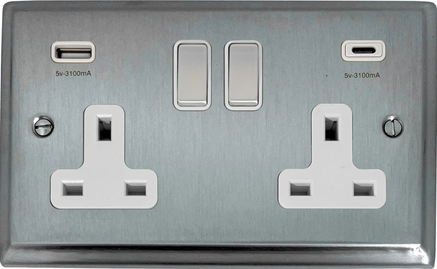 Deco Satin Chrome 2 Gang Socket C/W USBC Ports