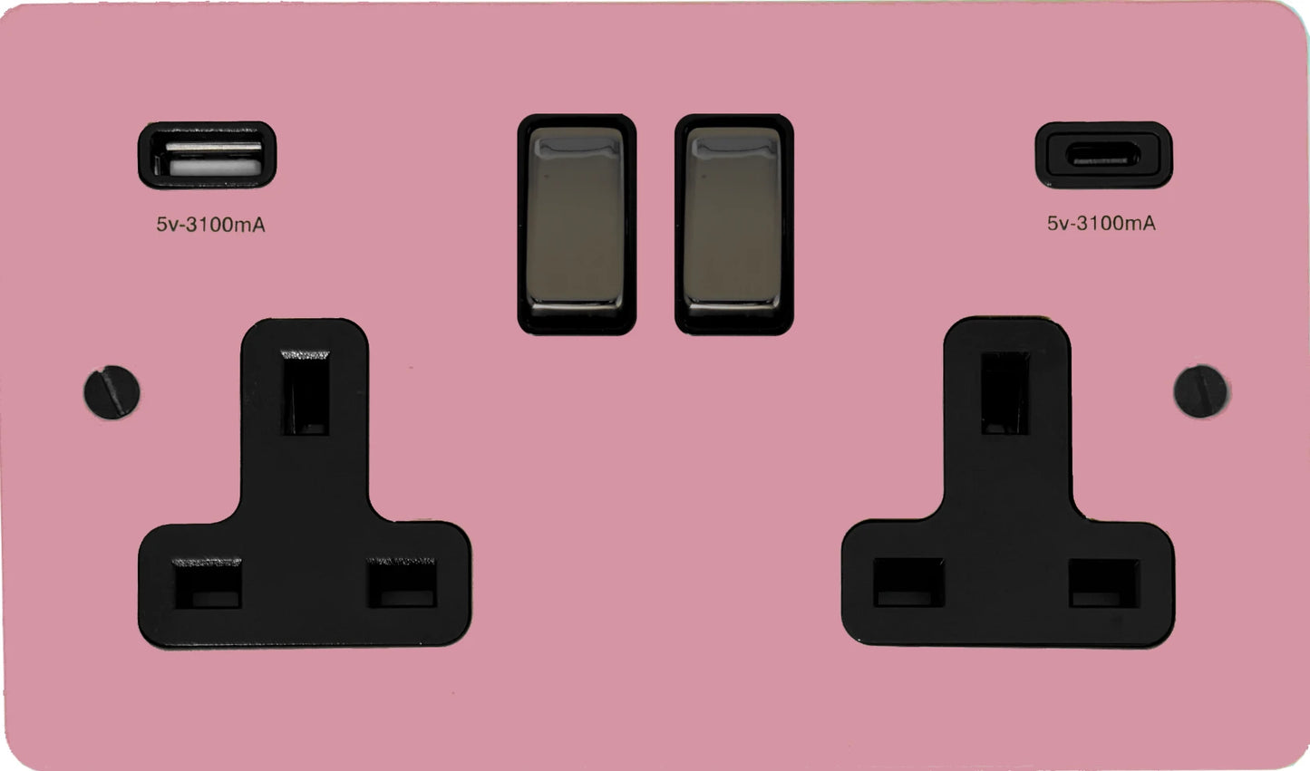 Flat Gloss Pink 2 Gang Socket with USBC (Black Nickel Switch/Black Insert)